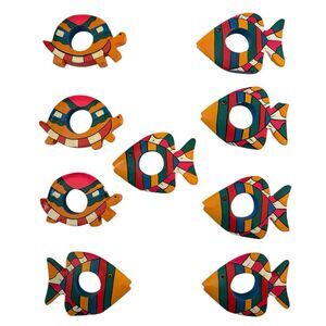 Colorful Hand-Painted Wooden Fish Turtles Napkin Ring Set Tropical Island Decor